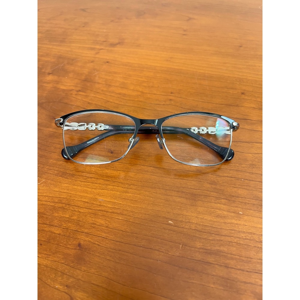 Biki Women Black Silver Semi Rimless Eyeglasses Rhinestone Chain Link Frames
